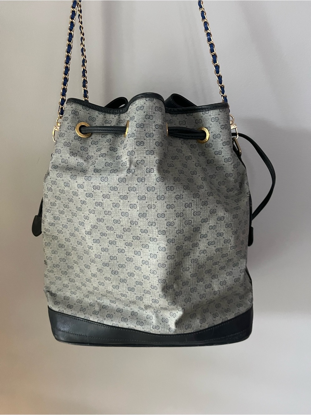 Gucci Navy Blue Monogram Drawstring Shoulder Bucket Bag with Navy Trim - Picture 7 of 9